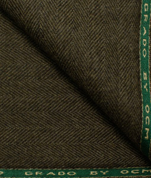 OCM Men's Wool Herringbone Thick  2 Meter Unstitched Tweed Jacketing & Blazer Fabric (Brownish Green)