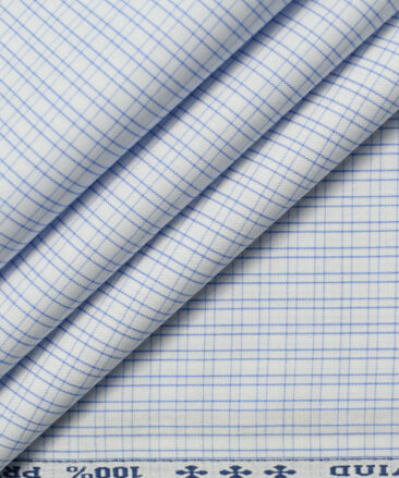 Arvind Men's  Premium Cotton Checks 2.25 Meter Unstitched Shirting Fabric (White & Blue)