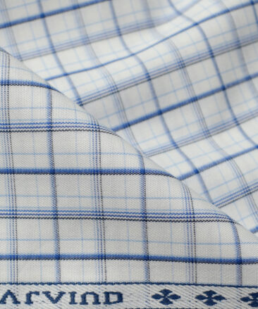 Arvind Men's  Premium Cotton Checks 2.25 Meter Unstitched Shirting Fabric (White & Blue)