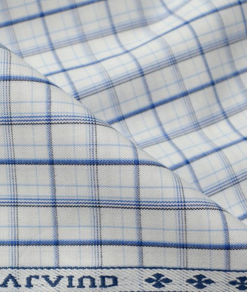 Arvind Men's  Premium Cotton Checks 2.25 Meter Unstitched Shirting Fabric (White & Blue)