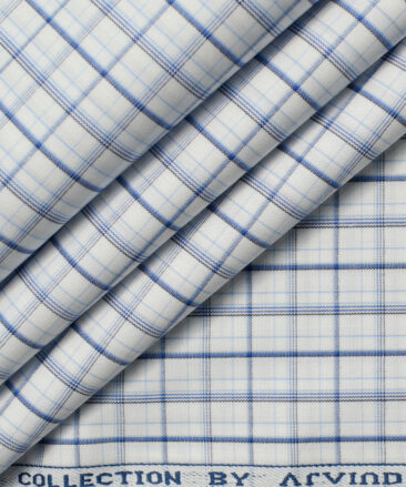 Arvind Men's  Premium Cotton Checks 2.25 Meter Unstitched Shirting Fabric (White & Blue)