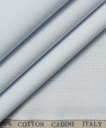 Cadini Men's Cotton Checks 2.25 Meter Unstitched Shirting Fabric (White & Blue)