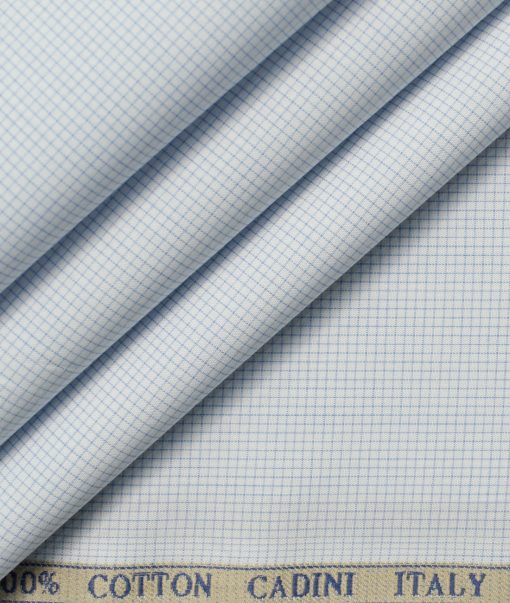 Cadini Men's Cotton Checks 2.25 Meter Unstitched Shirting Fabric (White & Blue)