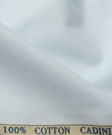 Cadini Men's Cotton Checks 2.25 Meter Unstitched Shirting Fabric (White & Sky Blue)