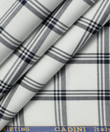 Cadini Men's Giza Cotton Checks 2.25 Meter Unstitched Shirting Fabric (White & Dark Blue)