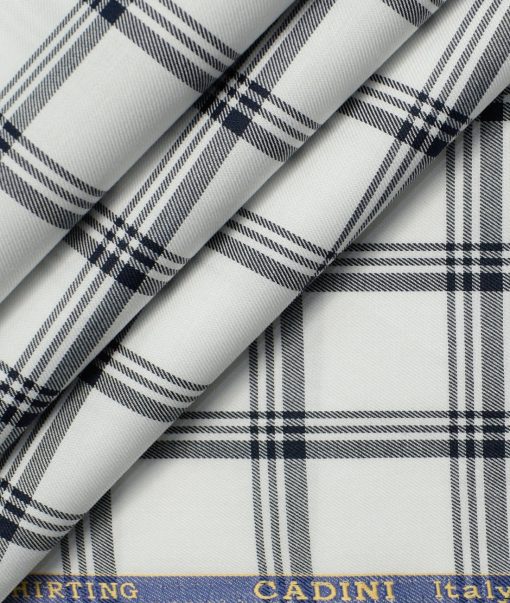 Cadini Men's Giza Cotton Checks 2.25 Meter Unstitched Shirting Fabric (White & Dark Blue)