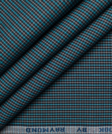 Raymond Men's Premium Cotton Checks Unstitched Shirting Fabric (Black & Firozi)