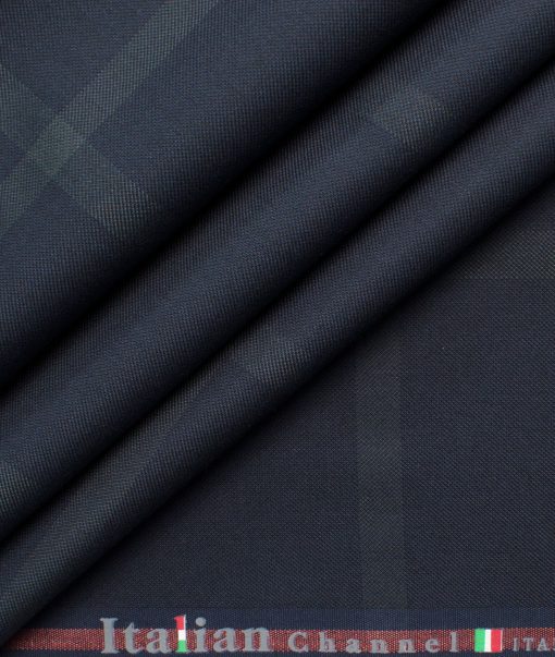 Italian Channel Men's Terry Rayon Checks 3.75 Meter Unstitched Suiting Fabric (Dark Blue)