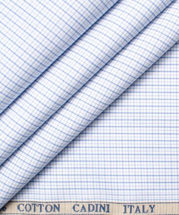 Cadini Men's Giza Cotton Checks 2.25 Meter Unstitched Shirting Fabric (White & Blue)