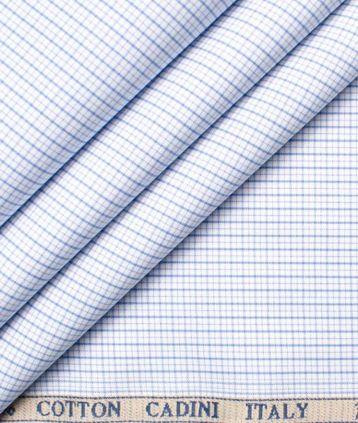 Cadini Men's Giza Cotton Checks 2.25 Meter Unstitched Shirting Fabric (White & Blue)