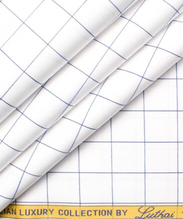 Luthai Men's Supima Cotton Checks  Unstitched Shirting Fabric (White & Blue)