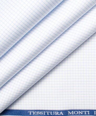 Tessitura Monti Men's Giza Cotton Checks  Unstitched Shirting Fabric (White & Sky Blue)