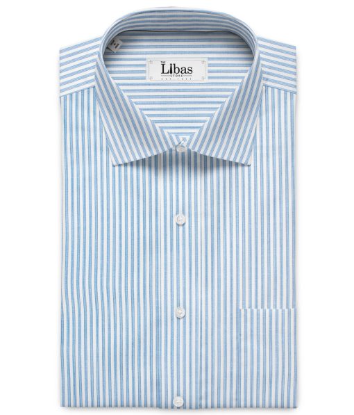 Raymond Men's Premium Cotton Striped  Unstitched Shirting Fabric (White & Sky Blue)