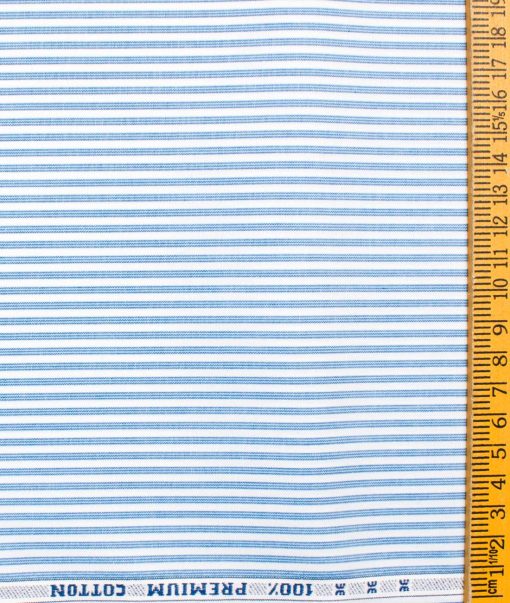 Raymond Men's Premium Cotton Striped  Unstitched Shirting Fabric (White & Sky Blue)