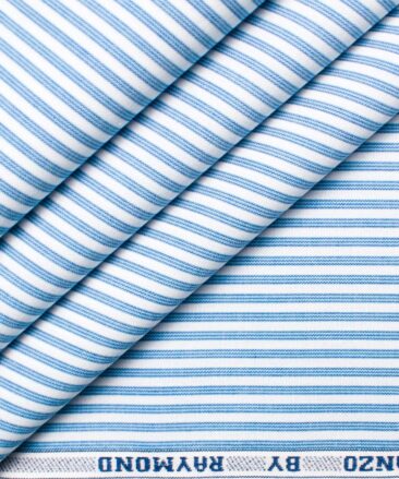 Raymond Men's Premium Cotton Striped  Unstitched Shirting Fabric (White & Sky Blue)