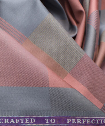 Soktas Men's Giza Cotton Checks 2.25 Meter Unstitched Shirting Fabric (Peach & Grey)