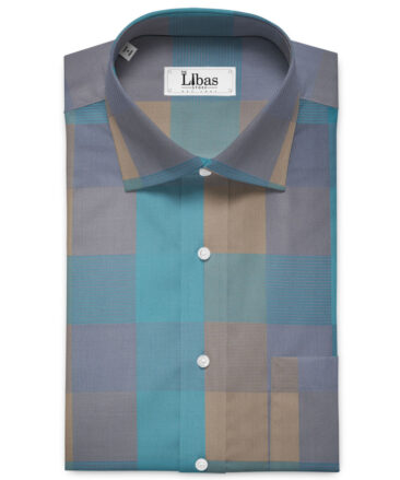 Soktas Men's Giza Cotton Checks 2.25 Meter Unstitched Shirting Fabric (Teal & Brown)