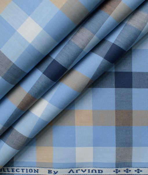 Arvind Men's Premium Cotton Checks 2.25 Meter Unstitched Shirting Fabric (Sky Blue)