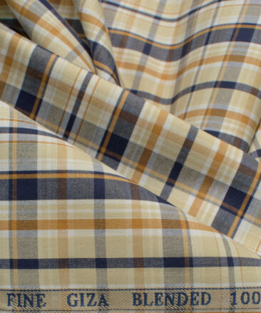 Cadini Men's Giza Blend Cotton Checks 2.25 Meter Unstitched Shirting Fabric (Beige & Blue)