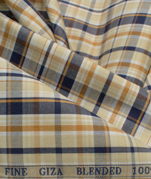 Cadini Men's Giza Blend Cotton Checks 2.25 Meter Unstitched Shirting Fabric (Beige & Blue)