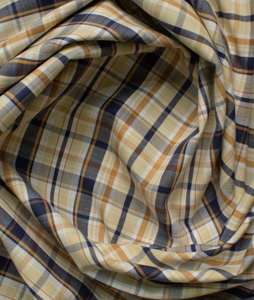 Cadini Men's Giza Blend Cotton Checks 2.25 Meter Unstitched Shirting Fabric (Beige & Blue)