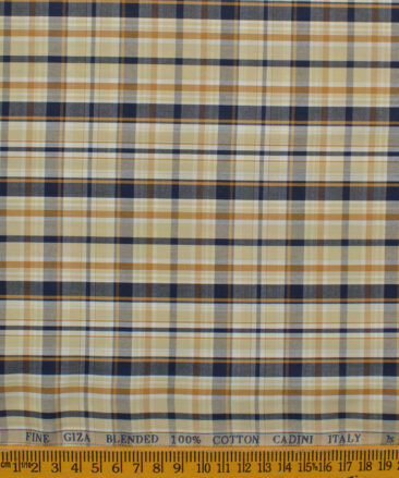 Cadini Men's Giza Blend Cotton Checks 2.25 Meter Unstitched Shirting Fabric (Beige & Blue)