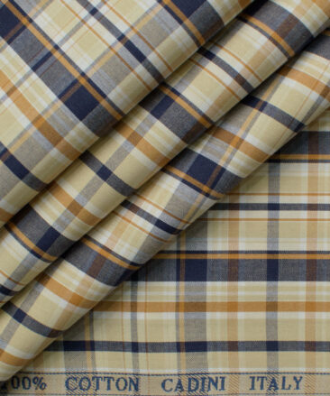 Cadini Men's Giza Blend Cotton Checks 2.25 Meter Unstitched Shirting Fabric (Beige & Blue)