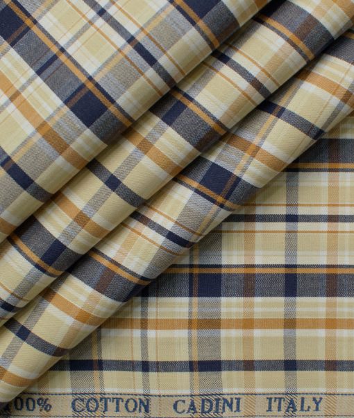 Cadini Men's Giza Blend Cotton Checks 2.25 Meter Unstitched Shirting Fabric (Beige & Blue)