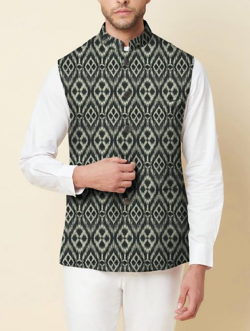 Mark & Peanni Men's Terry Rayon Self Design  Unstitched Ethnic Fabric (Black & Beige)