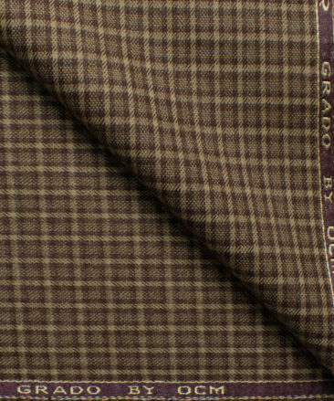 Ocm Men's Acrylic Wool Checks 2.25 Meter Unstitched Shirting Fabric (Beige & Brown)