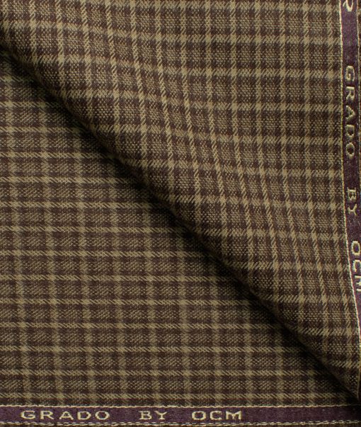 Ocm Men's Acrylic Wool Checks 2.25 Meter Unstitched Shirting Fabric (Beige & Brown)