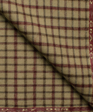 Ocm Men's Acrylic Wool Checks 2.25 Meter Unstitched Shirting Fabric (Beige & Red)