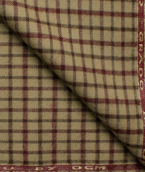 Ocm Men's Acrylic Wool Checks 2.25 Meter Unstitched Shirting Fabric (Beige & Red)