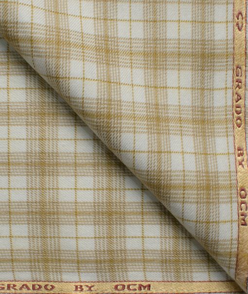 Ocm Men's Acrylic Wool Checks 2.25 Meter Unstitched Shirting Fabric (White & Brown)