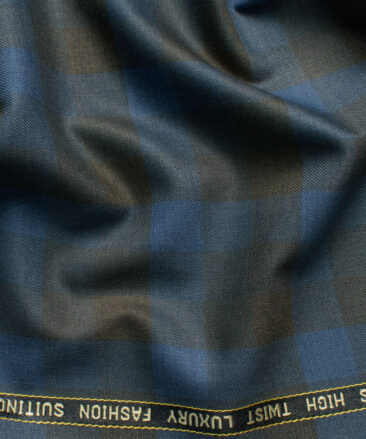 Spaadaa Men's High Twisted Terry Rayon Checks 3.75 Meter Unstitched Suiting Fabric (Blue & Brown)