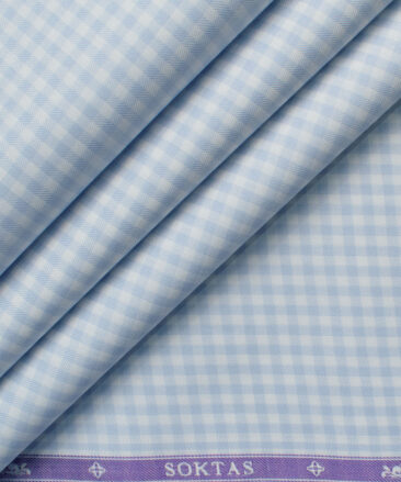 Soktas Men's Giza Cotton Checks 2.25 Meter Unstitched Shirting Fabric (White & Blue)