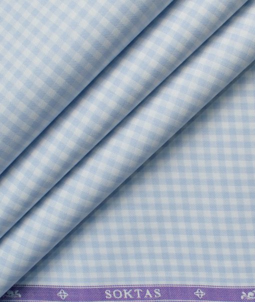 Soktas Men's Giza Cotton Checks 2.25 Meter Unstitched Shirting Fabric (White & Blue)