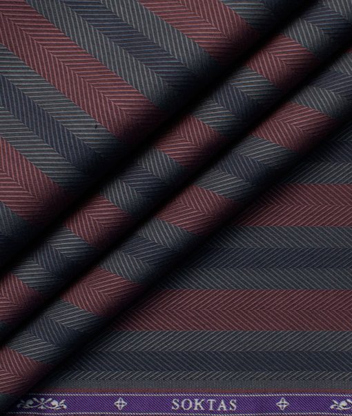 Soktas Men's Giza Cotton Striped 2.25 Meter Unstitched Shirting Fabric (Grey & Brick Red)