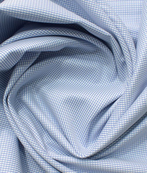 Cotton Fusion Men's Cotton Blend Wrinkle Free Checks 2.25 Meter Unstitched Shirting Fabric (White & Blue)