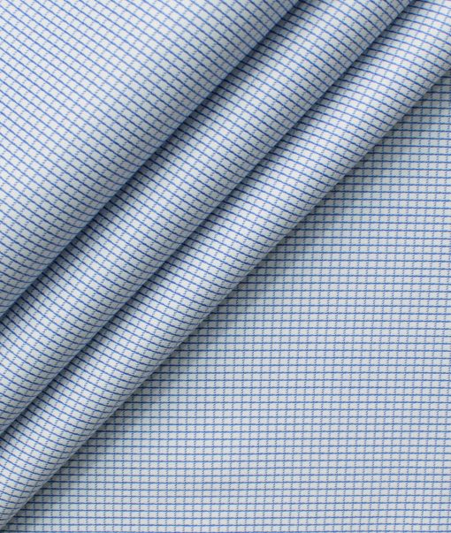 Cotton Fusion Men's Cotton Blend Wrinkle Free Checks 2.25 Meter Unstitched Shirting Fabric (White & Blue)