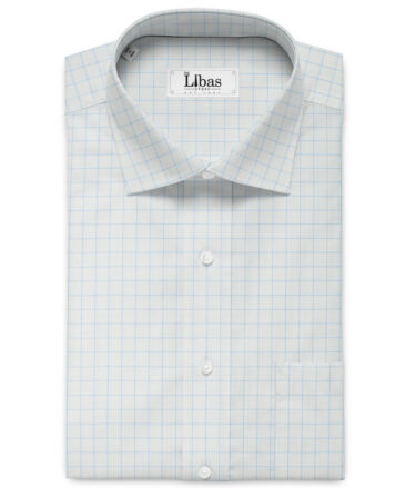 Cotton Fusion Men's Cotton Blend Wrinkle Free Checks 2.25 Meter Unstitched Shirting Fabric (White & Sky Blue)