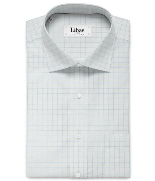 Cotton Fusion Men's Cotton Blend Wrinkle Free Checks 2.25 Meter Unstitched Shirting Fabric (White & Sky Blue)