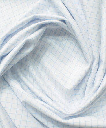 Cotton Fusion Men's Cotton Blend Wrinkle Free Checks 2.25 Meter Unstitched Shirting Fabric (White & Sky Blue)