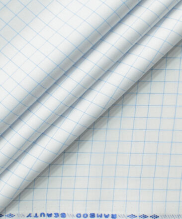 Cotton Fusion Men's Cotton Blend Wrinkle Free Checks 2.25 Meter Unstitched Shirting Fabric (White & Sky Blue)