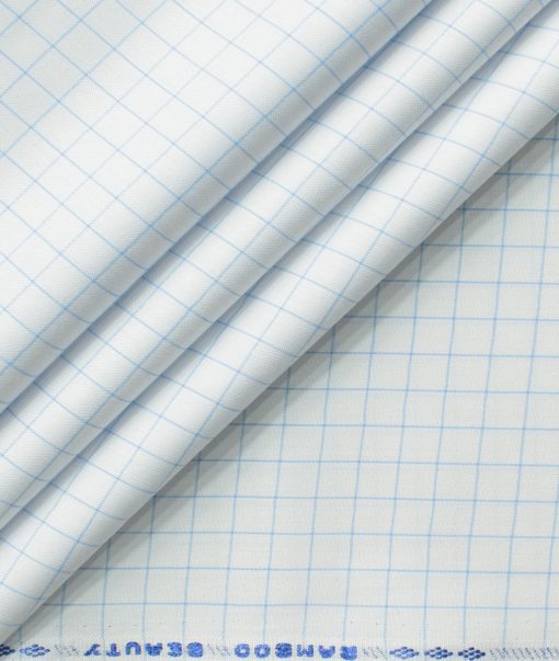 Cotton Fusion Men's Cotton Blend Wrinkle Free Checks 2.25 Meter Unstitched Shirting Fabric (White & Sky Blue)