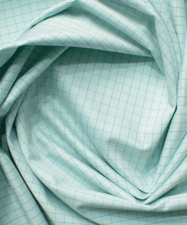 Cotton Fusion Men's Cotton Blend Wrinkle Free Checks 2.25 Meter Unstitched Shirting Fabric (Mint Green)