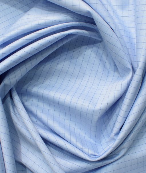 Cotton Fusion Men's Cotton Blend Wrinkle Free Checks 2.25 Meter Unstitched Shirting Fabric (Sky Blue)