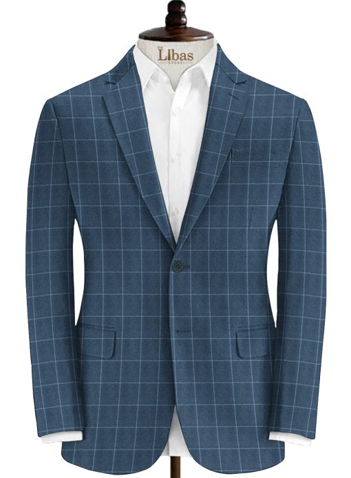 OCM Men's 55% Merino Wool Checks Medium 2 Meter Unstitched Tweed Jacketing & Blazer Fabric (Blue)