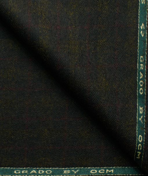 OCM Men's 100% Merino Wool Checks Fine 2 Meter Unstitched Tweed Jacketing & Blazer Fabric (Dark Greenish Brown)