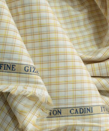 Cadini Men's Giza Blended Cotton Checks 2.25 Meter Unstitched Shirting Fabric (White & Yellow)